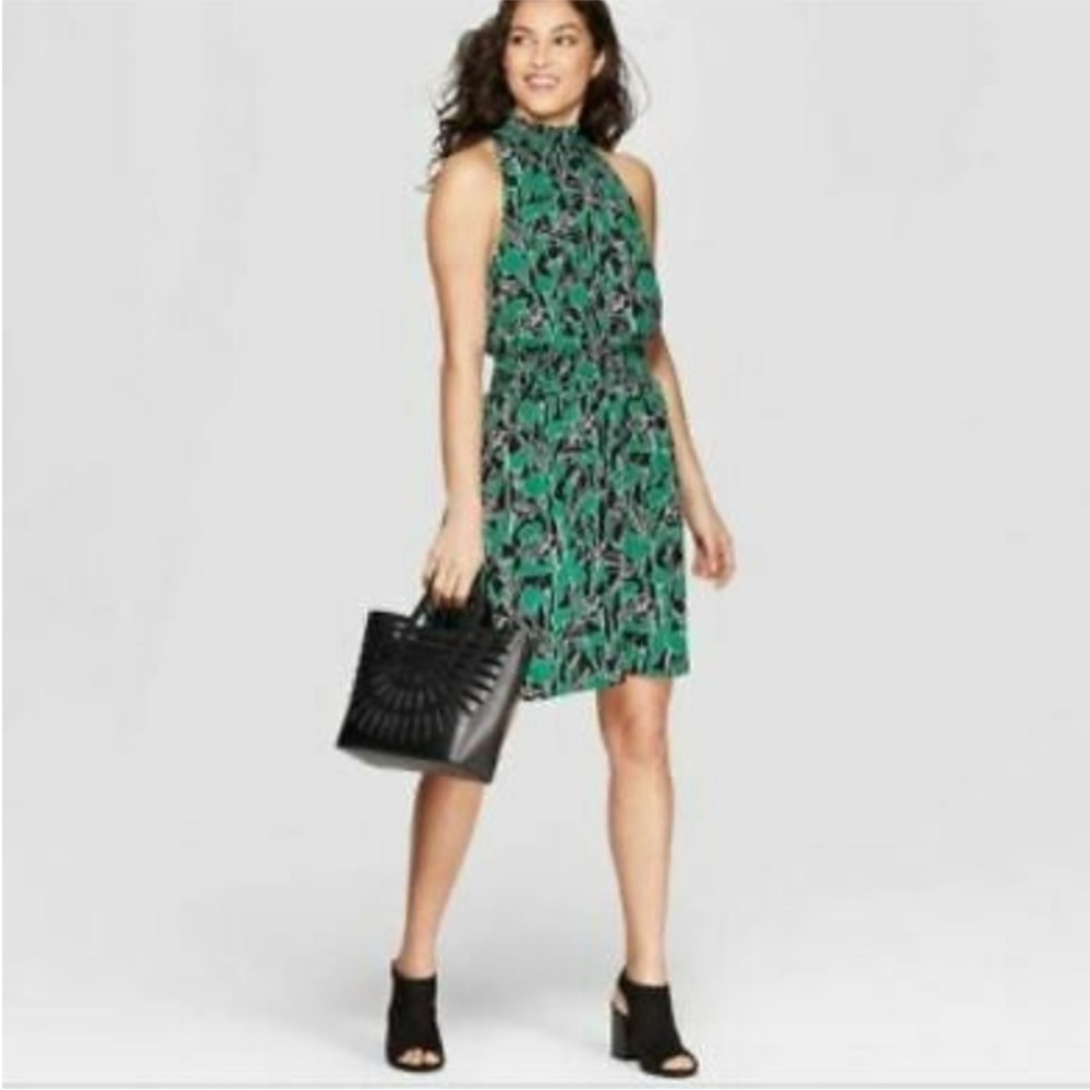 WOMEN'S FLORAL PRINT SLEEVELESS HALTER NECK DRESS MOCK EMERALD